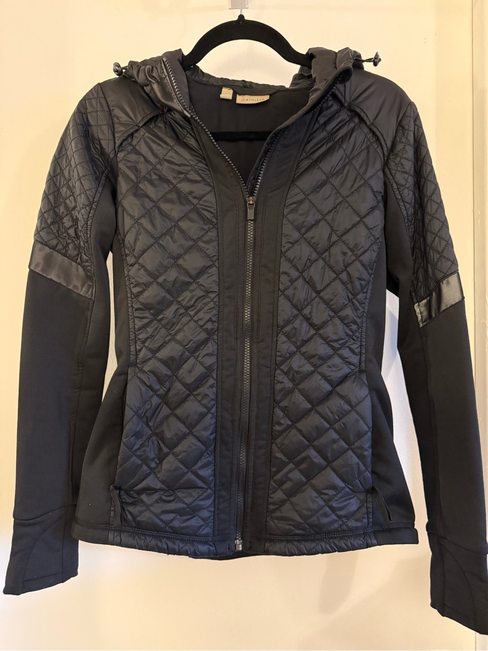 Athleta Black Quilted Hooded Puffer Jacket with Reflective Accents